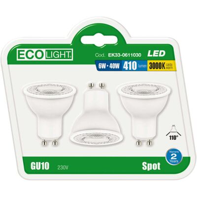 ECOLIGHT Lampadina LED GU10 6000K - Fredda - Spot - Confezione da 3 ECOLIGHT Lampadina LED GU10 6000K - Fredda - Spot - Confezione da 3