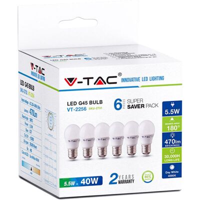 V-TAC - SKU-2732 - Base E27 - Forma sfera - Lampada LED 5,5W V-TAC - SKU-2732 - Base E27 - Forma sfera - Lampada LED 5,5W