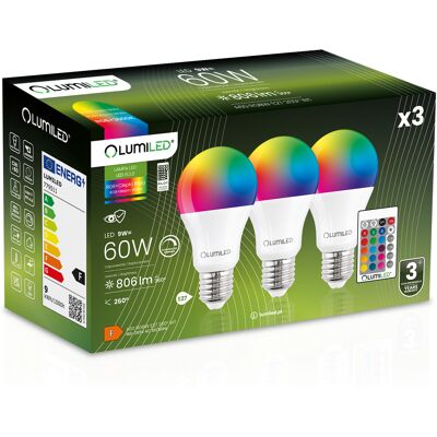 OEM 3 Lampadine Led E27 A60 9w = 60w 806lm 3000k + Rgb Multicolore Dimmerabile A 260° Telecomando Lumiled OEM 3 Lampadine Led E27 A60 9w = 60w 806lm 3000k + Rgb Multicolore Dimmerabile A 260° Telecomando Lumiled