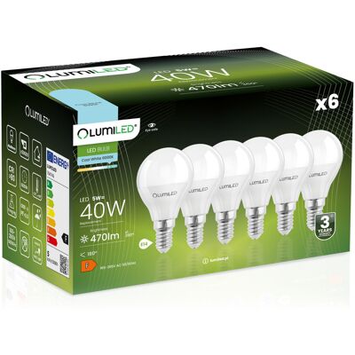 OEM 6 Lampadine Led E14 A Sfera P45 5w = 40w 470lm 6500k Luce Fredda 180° Lumiled OEM 6 Lampadine Led E14 A Sfera P45 5w = 40w 470lm 6500k Luce Fredda 180° Lumiled