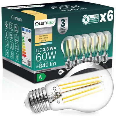OEM 6 Lampadine Led E27 A60 3,8 W 840 Lm = 60 W 2700 K Luce Calda Filamento 360° Lumiled Classe A OEM 6 Lampadine Led E27 A60 3,8 W 840 Lm = 60 W 2700 K Luce Calda Filamento 360° Lumiled Classe A