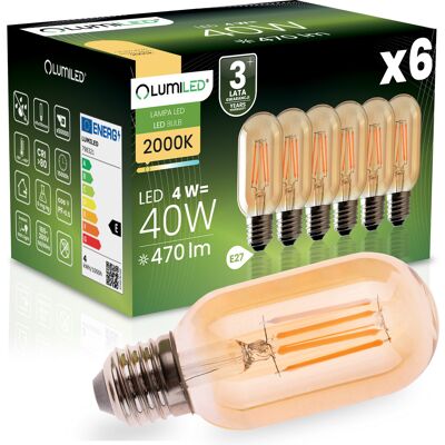 OEM 6 Lampadine Led E27 T45 Da 4w = 40w 470lm 2000k Luce Calda Filamento Ambrato A 360° Lumiled OEM 6 Lampadine Led E27 T45 Da 4w = 40w 470lm 2000k Luce Calda Filamento Ambrato A 360° Lumiled