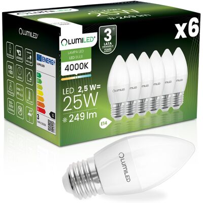 OEM 6 Lampadine Led E27 A Candela B35 2,5w = 25w 249lm 4000k Neutro 180° Lumiled OEM 6 Lampadine Led E27 A Candela B35 2,5w = 25w 249lm 4000k Neutro 180° Lumiled