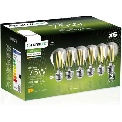 OEM 6 Lampadine Led E27 A60 8w = 75w 1055lm 4000k Neutro Filamento Lumiled A 360° OEM 6 Lampadine Led E27 A60 8w = 75w 1055lm 4000k Neutro Filamento Lumiled A 360°