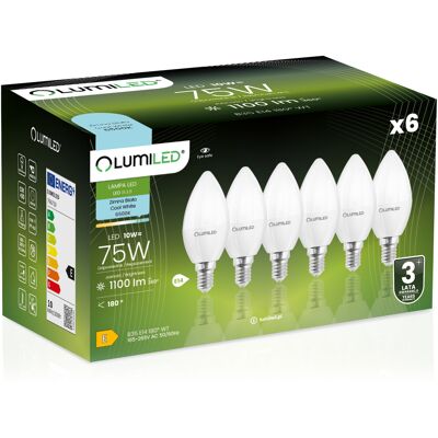OEM 6 Lampadine Led E14 A Candela B35 10w = 75w 1100lm 6500k Luce Fredda 180° Lumiled OEM 6 Lampadine Led E14 A Candela B35 10w = 75w 1100lm 6500k Luce Fredda 180° Lumiled
