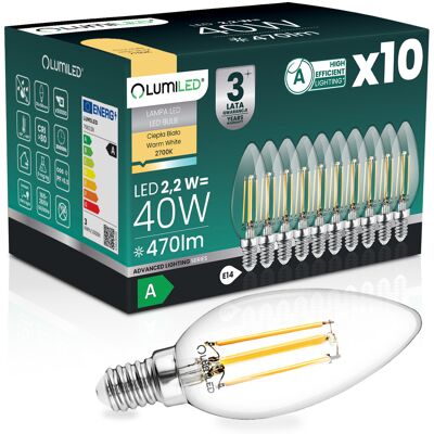 OEM 10 Lampadine Led E14 A Candela B35 2,2 W 470 Lm = 40 W 2700 K Luce Calda Filamento 360° Lumiled Classe A OEM 10 Lampadine Led E14 A Candela B35 2,2 W 470 Lm = 40 W 2700 K Luce Calda Filamento 360° Lumiled Classe A