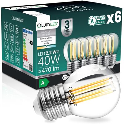 OEM 6 Lampadine Led E27 A Sfera P45 2,2 W 470 Lm = 40 W 4000 K Neutro 360° Filamento Classe A Lumiled OEM 6 Lampadine Led E27 A Sfera P45 2,2 W 470 Lm = 40 W 4000 K Neutro 360° Filamento Classe A Lumiled