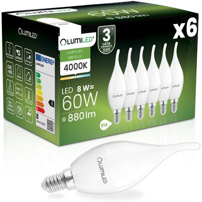 OEM 6 Lampadine Led E14 A Candela Ba35 8w = 60w 880lm 4000k Neutro 180° Lumiled OEM 6 Lampadine Led E14 A Candela Ba35 8w = 60w 880lm 4000k Neutro 180° Lumiled