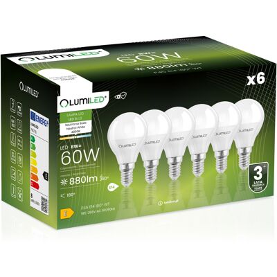 OEM 6 Lampadine Led E14 A Sfera P45 8w = 60w 880lm 4000k Neutro 180° Lumiled OEM 6 Lampadine Led E14 A Sfera P45 8w = 60w 880lm 4000k Neutro 180° Lumiled