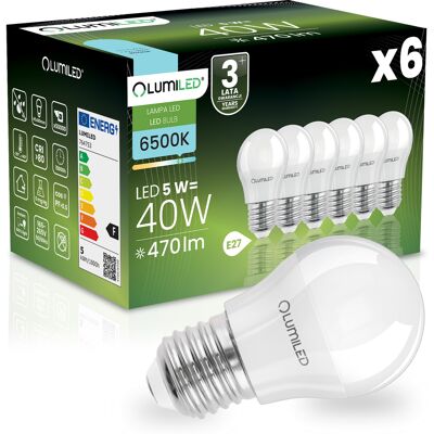 OEM 6 Lampadine Led E27 A Sfera P45 5w = 40w 470lm 6500k Luce Fredda 180° Lumiled OEM 6 Lampadine Led E27 A Sfera P45 5w = 40w 470lm 6500k Luce Fredda 180° Lumiled