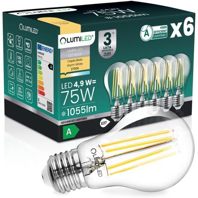 OEM 6 Lampadine Led E27 A60 4,9 W 1055 Lm = 75 W 2700 K Luce Calda Filamento 360° Lumiled Classe A OEM 6 Lampadine Led E27 A60 4,9 W 1055 Lm = 75 W 2700 K Luce Calda Filamento 360° Lumiled Classe A