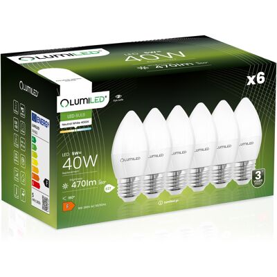 OEM 6 Lampadine Led E27 A Candela B35 5w = 40w 470lm 4000k Neutro 180° Lumiled OEM 6 Lampadine Led E27 A Candela B35 5w = 40w 470lm 4000k Neutro 180° Lumiled