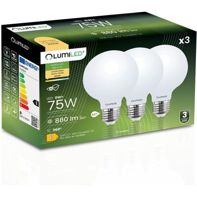OEM 3 Lampadine Led E27 Sfera G95 8w = 75w 880lm 3000k Luce Calda Filamento Lumiled A 360° OEM 3 Lampadine Led E27 Sfera G95 8w = 75w 880lm 3000k Luce Calda Filamento Lumiled A 360°