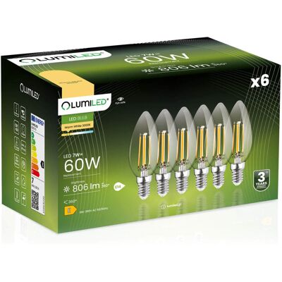 OEM 6 Lampadine Led E14 A Candela B35 7w = 60w 806lm 3000k Luce Calda Filamento Lumiled A 360° OEM 6 Lampadine Led E14 A Candela B35 7w = 60w 806lm 3000k Luce Calda Filamento Lumiled A 360°