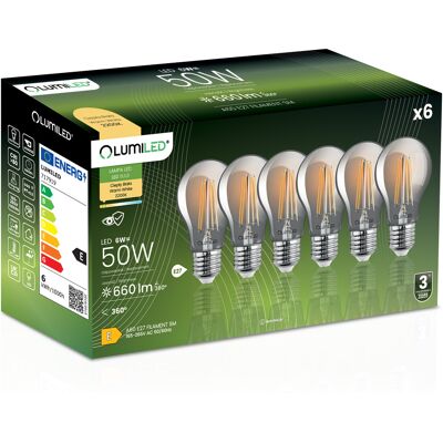 OEM 6 Lampadine Led E27 A60 6w = 50w 660lm 2200k Luce Calda 360° Filamento Fumé Lumiled OEM 6 Lampadine Led E27 A60 6w = 50w 660lm 2200k Luce Calda 360° Filamento Fumé Lumiled