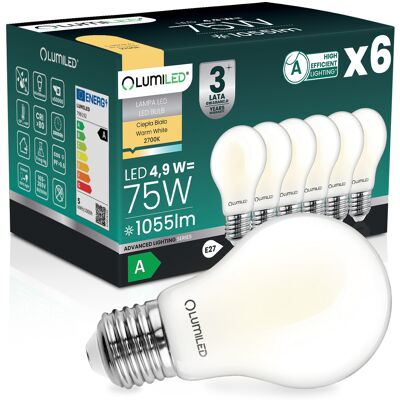 OEM 6 Lampadine Led E27 A60 4,9 W 1055 Lm = 75 W 2700 K Luce Calda Filamento 360° Lumiled Classe A OEM 6 Lampadine Led E27 A60 4,9 W 1055 Lm = 75 W 2700 K Luce Calda Filamento 360° Lumiled Classe A