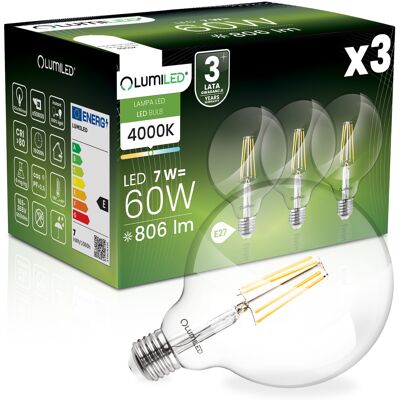 OEM 3 Lampadine Led E27 Sferiche G125 7w = 60w 806lm 4000k Neutro Filamento Lumiled A 360° OEM 3 Lampadine Led E27 Sferiche G125 7w = 60w 806lm 4000k Neutro Filamento Lumiled A 360°