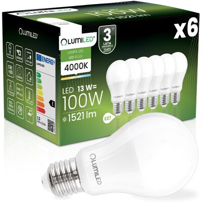 OEM 6 Lampadine Led E27 A60 13w = 100w 1521lm 4000k Neutro 260° Lumiled OEM 6 Lampadine Led E27 A60 13w = 100w 1521lm 4000k Neutro 260° Lumiled
