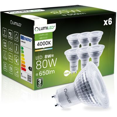 OEM 6 Lampadine Led Gu10 Spotlight Par16 8w = 80w 650lm 4000k Neutro 36° Dimmerabile Lumiled OEM 6 Lampadine Led Gu10 Spotlight Par16 8w = 80w 650lm 4000k Neutro 36° Dimmerabile Lumiled