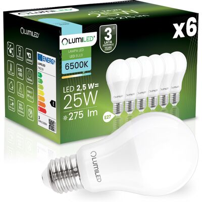 OEM 6 Lampadine Led E27 A60 2,5w = 25w 275lm 6500k Luce Fredda 260° Lumiled OEM 6 Lampadine Led E27 A60 2,5w = 25w 275lm 6500k Luce Fredda 260° Lumiled