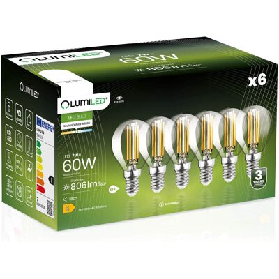 OEM 6 Lampadine Led E14 A Sfera P45 7w = 60w 806lm 4000k Neutro Filamento Lumiled A 360° OEM 6 Lampadine Led E14 A Sfera P45 7w = 60w 806lm 4000k Neutro Filamento Lumiled A 360°