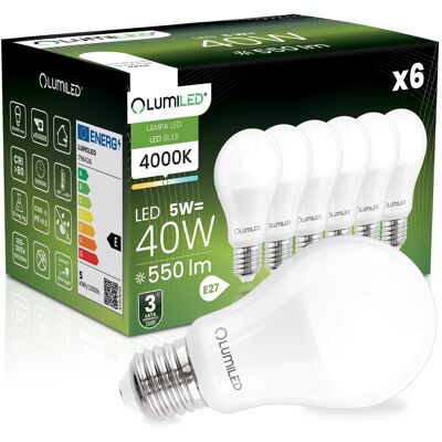 OEM 6 Lampadine Led E27 A60 5w = 40w 550lm 4000k Neutro 260° Lumiled OEM 6 Lampadine Led E27 A60 5w = 40w 550lm 4000k Neutro 260° Lumiled