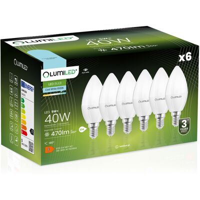 OEM 6 Lampadine Led E14 A Candela B35 5w = 40w 470lm 6500k Luce Fredda 180° Lumiled OEM 6 Lampadine Led E14 A Candela B35 5w = 40w 470lm 6500k Luce Fredda 180° Lumiled