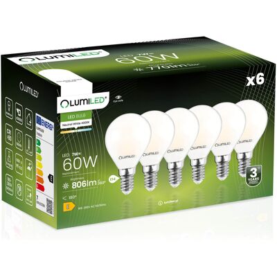 OEM 6 Lampadine Led E14 A Sfera P45 7w = 60w 806lm 4000k Neutro Filamento Lumiled A 360° OEM 6 Lampadine Led E14 A Sfera P45 7w = 60w 806lm 4000k Neutro Filamento Lumiled A 360°