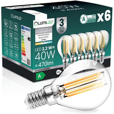 OEM 6 Lampadine Led E14 A Sfera P45 2,2 W 470 Lm = 40 W 4000 K Neutro 360° Filamento Classe A Lumiled OEM 6 Lampadine Led E14 A Sfera P45 2,2 W 470 Lm = 40 W 4000 K Neutro 360° Filamento Classe A Lumiled