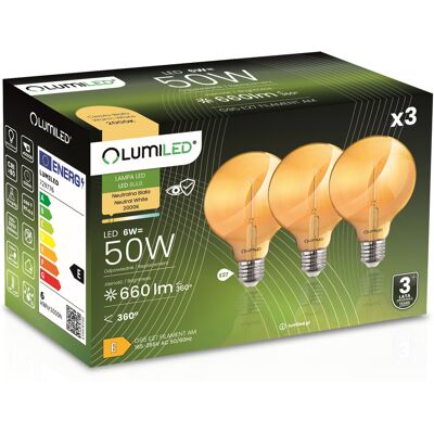OEM 3 Lampadine Led E27 Sfera G95 6w = 50w 660lm 2000k Luce Calda 360° Filamento Ambra Lumiled OEM 3 Lampadine Led E27 Sfera G95 6w = 50w 660lm 2000k Luce Calda 360° Filamento Ambra Lumiled