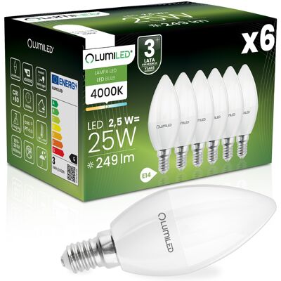 OEM 6 Lampadine Led E14 A Candela B35 2,5w = 25w 249lm 4000k Neutro 180° Lumiled OEM 6 Lampadine Led E14 A Candela B35 2,5w = 25w 249lm 4000k Neutro 180° Lumiled