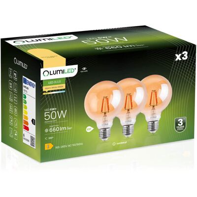 OEM 3 Lampadine Led E27 Sfera G95 6w = 50w 660lm 2000k Luce Calda 360° Filamento Ambra Lumiled OEM 3 Lampadine Led E27 Sfera G95 6w = 50w 660lm 2000k Luce Calda 360° Filamento Ambra Lumiled