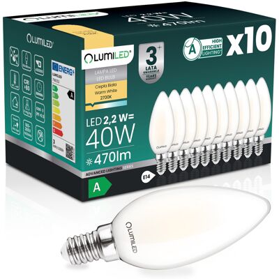 OEM 10 Lampadine Led E14 A Candela B35 2,2 W 470 Lm = 40 W 2700 K Luce Calda Filamento 360° Lumiled Classe A OEM 10 Lampadine Led E14 A Candela B35 2,2 W 470 Lm = 40 W 2700 K Luce Calda Filamento 360° Lumiled Classe A