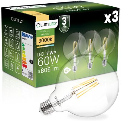 OEM 3 Lampadine Led E27 Sferiche G125 7w = 60w 806lm 3000k Luce Calda Filamento Lumiled A 360° OEM 3 Lampadine Led E27 Sferiche G125 7w = 60w 806lm 3000k Luce Calda Filamento Lumiled A 360°