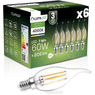 OEM 6 Lampadine Led E14 Candela Ba35 7w = 60w 806lm 4000k Neutro Filamento Lumiled A 360° OEM 6 Lampadine Led E14 Candela Ba35 7w = 60w 806lm 4000k Neutro Filamento Lumiled A 360°