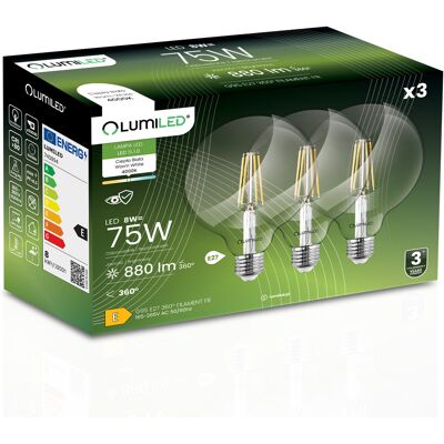 OEM 3 Lampadine Led E27 Sfera G95 8w = 75w 880lm 4000k Neutro Filamento Lumiled A 360° OEM 3 Lampadine Led E27 Sfera G95 8w = 75w 880lm 4000k Neutro Filamento Lumiled A 360°