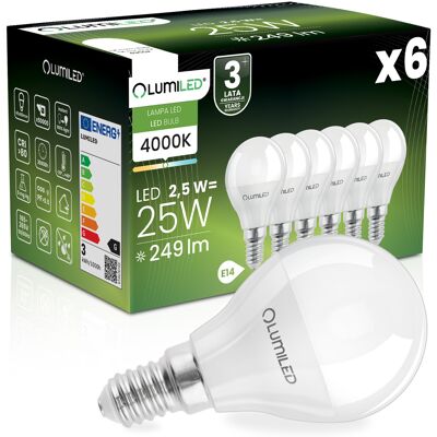 OEM 6 Lampadine Led E14 A Sfera P45 2,5w = 25w 249lm 4000k Neutro 180° Lumiled OEM 6 Lampadine Led E14 A Sfera P45 2,5w = 25w 249lm 4000k Neutro 180° Lumiled