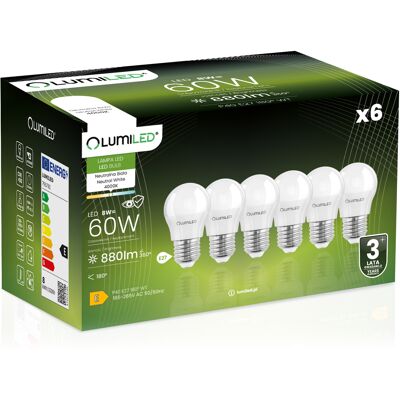 OEM 6 Lampadine Led E27 A Sfera P45 8w = 60w 880lm 4000k Neutro 180° Lumiled OEM 6 Lampadine Led E27 A Sfera P45 8w = 60w 880lm 4000k Neutro 180° Lumiled