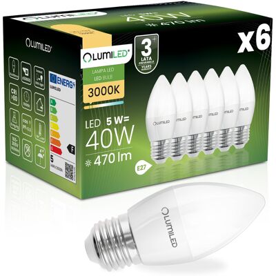 OEM 6 Lampadine Led E27 A Candela B35 5w = 40w 470lm 3000k Luce Calda 180° Lumiled OEM 6 Lampadine Led E27 A Candela B35 5w = 40w 470lm 3000k Luce Calda 180° Lumiled