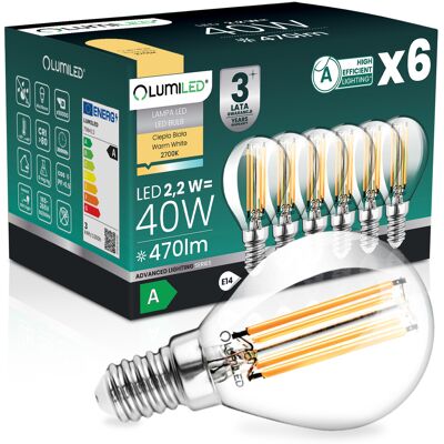 OEM 6 Lampadine Led E14 A Sfera P45 2,2 W 470 Lm = 40 W 2700 K Luce Calda Filamento 360° Lumiled Classe A OEM 6 Lampadine Led E14 A Sfera P45 2,2 W 470 Lm = 40 W 2700 K Luce Calda Filamento 360° Lumiled Classe A