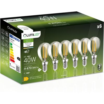 OEM 6 Lampadine Led E14 A Sfera P45 4w = 40w 470lm 4000k Neutro 360° Filamento Lumiled OEM 6 Lampadine Led E14 A Sfera P45 4w = 40w 470lm 4000k Neutro 360° Filamento Lumiled