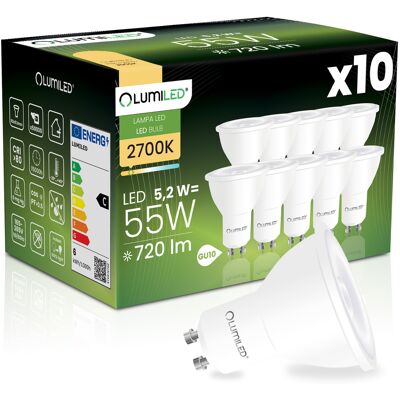 OEM 10 Lampadine Led Gu10 Spotlight Par16 5.2w = 55w 720lm 2700k Luce Calda 38° Lumiled OEM 10 Lampadine Led Gu10 Spotlight Par16 5.2w = 55w 720lm 2700k Luce Calda 38° Lumiled