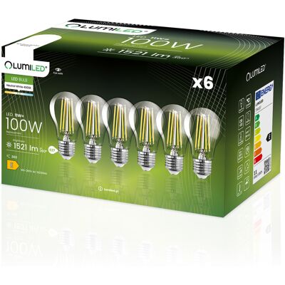 OEM 6 Lampadine Led E27 A60 11w = 100w 1521lm 4000k Neutro Filamento Lumiled A 360° OEM 6 Lampadine Led E27 A60 11w = 100w 1521lm 4000k Neutro Filamento Lumiled A 360°