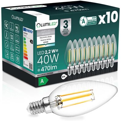 OEM 10 Lampadine Led E14 A Candela B35 2,2 W 470 Lm = 40 W 4000 K Neutro 360° Filamento Classe A Lumiled OEM 10 Lampadine Led E14 A Candela B35 2,2 W 470 Lm = 40 W 4000 K Neutro 360° Filamento Classe A Lumiled