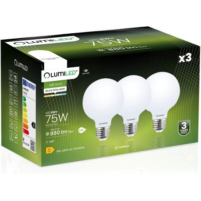 OEM 3 Lampadine Led E27 Sfera G95 8w = 75w 880lm 4000k Neutro Filamento Lumiled A 360° OEM 3 Lampadine Led E27 Sfera G95 8w = 75w 880lm 4000k Neutro Filamento Lumiled A 360°