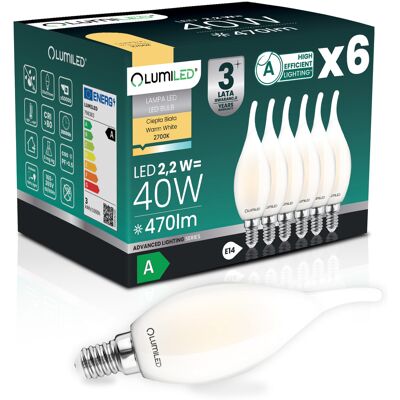OEM 6 Lampadine Led E14 A Candela Ba35 2,2 W 470 Lm = 40 W 2700 K Luce Calda Filamento 360° Lumiled Classe A OEM 6 Lampadine Led E14 A Candela Ba35 2,2 W 470 Lm = 40 W 2700 K Luce Calda Filamento 360° Lumiled Classe A