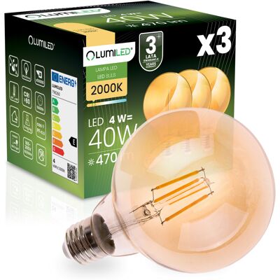 OEM 3 Lampadine Led E27 Globe G95 4w = 40w 470lm 2000k Luce Calda Filamento Ambrato 360° Lumiled OEM 3 Lampadine Led E27 Globe G95 4w = 40w 470lm 2000k Luce Calda Filamento Ambrato 360° Lumiled