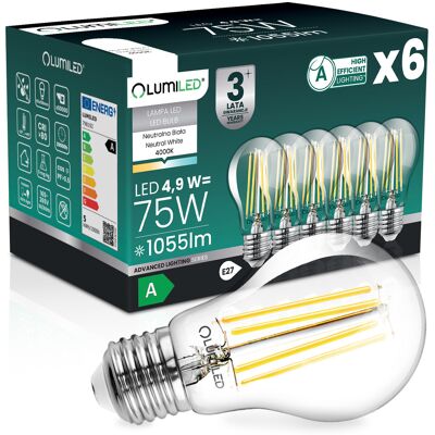OEM 6 Lampadine Led E27 A60 4,9 W 1055 Lm = 75 W 4000 K Neutro Filamento 360° Lumiled Classe A OEM 6 Lampadine Led E27 A60 4,9 W 1055 Lm = 75 W 4000 K Neutro Filamento 360° Lumiled Classe A