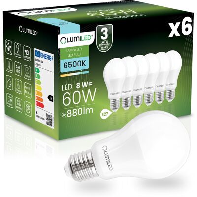 OEM 6 Lampadine Led E27 A60 8w = 60w 880lm 6500k Luce Fredda 260° Lumiled OEM 6 Lampadine Led E27 A60 8w = 60w 880lm 6500k Luce Fredda 260° Lumiled