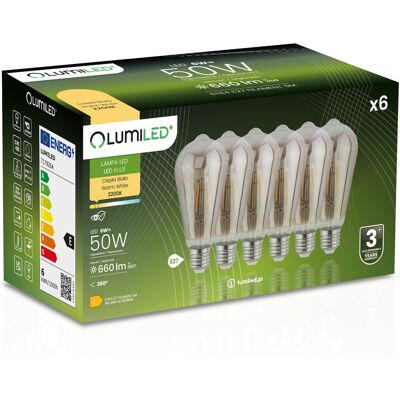 OEM 6 Lampadine Led E27 Edison St64 6w = 50w 660lm 2200k Luce Calda 360° Filamento Fumé Lumiled OEM 6 Lampadine Led E27 Edison St64 6w = 50w 660lm 2200k Luce Calda 360° Filamento Fumé Lumiled